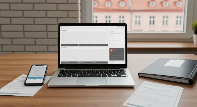 Laptop i telefon z wadliwą usługą cyfrową na biurku w kancelarii w Olsztynie