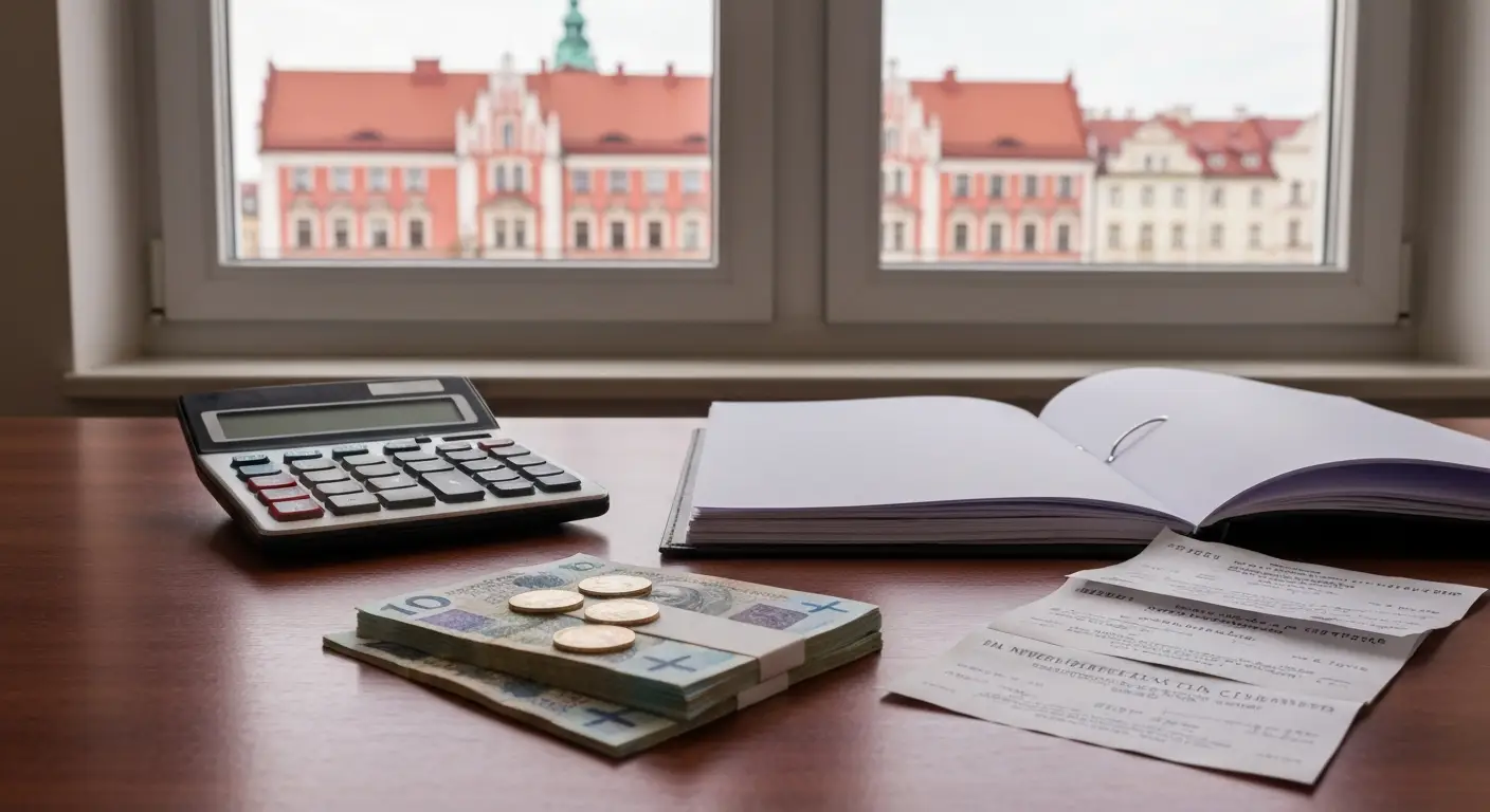 Dokumenty, kalkulator i oddzielne rozliczenia kredytu CHF na tle architektury Olsztyna