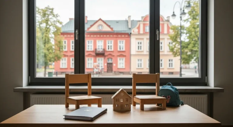 Dwa dziecięce krzesła i zabawka na stole podczas sprawy rozwodowej w Olsztynie