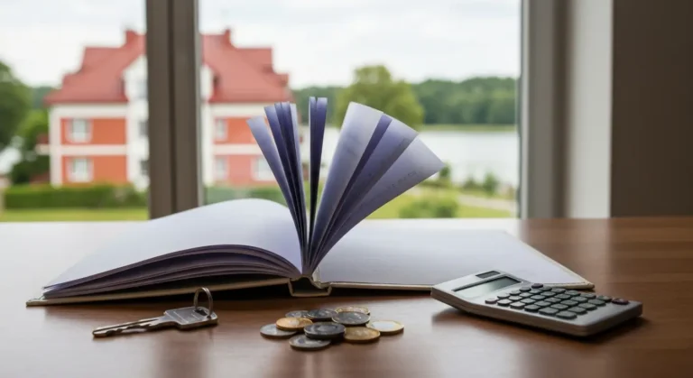 Dokumenty kredytu CHF, klucze do mieszkania i olsztyńska zabudowa za oknem