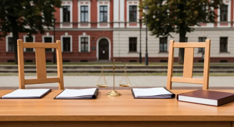 Puste krzesła i dokumenty rozwodowe na stole w sądowym wnętrzu w Olsztynie