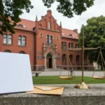 Akta sprawy o zapłatę i waga prawnicza przed gmachem sądu w Olsztynie