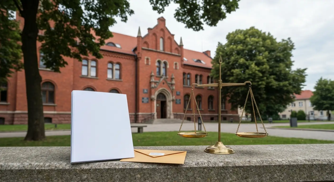 Akta sprawy o zapłatę i waga prawnicza przed gmachem sądu w Olsztynie