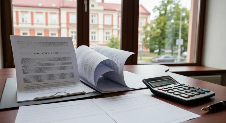 Dokumenty kredytowe i kalkulator na biurku kancelarii z widokiem na zabudowę Olsztyna