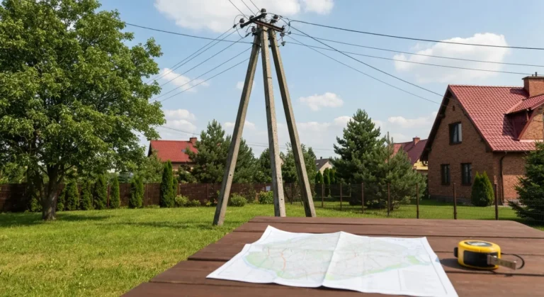 Słup energetyczny i przewody nad działką przy domu na obrzeżach Olsztyna