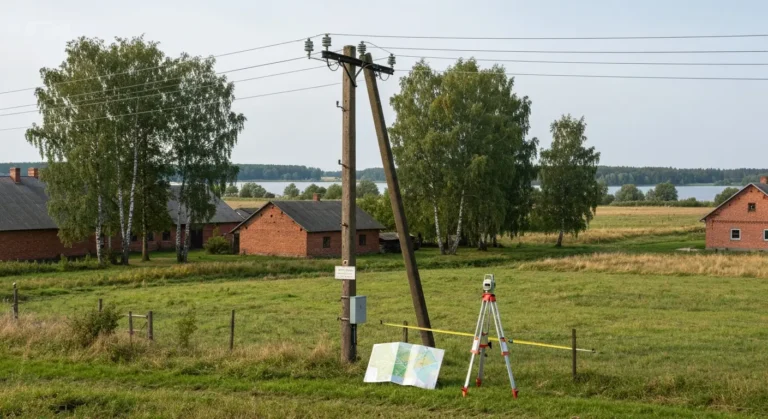 Słup energetyczny i sprzęt geodezyjny na działce w krajobrazie Warmii i Mazur