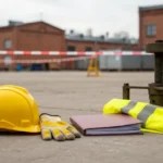 Kask, rękawice i dokumenty przy zabezpieczonym stanowisku pracy w Olsztynie