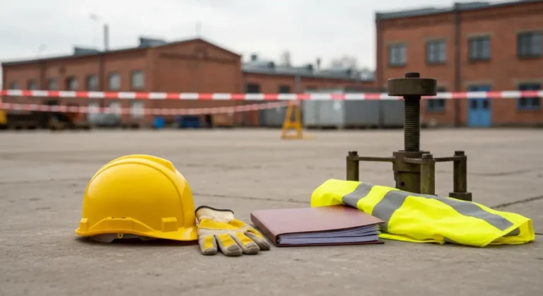 Kask, rękawice i dokumenty przy zabezpieczonym stanowisku pracy w Olsztynie