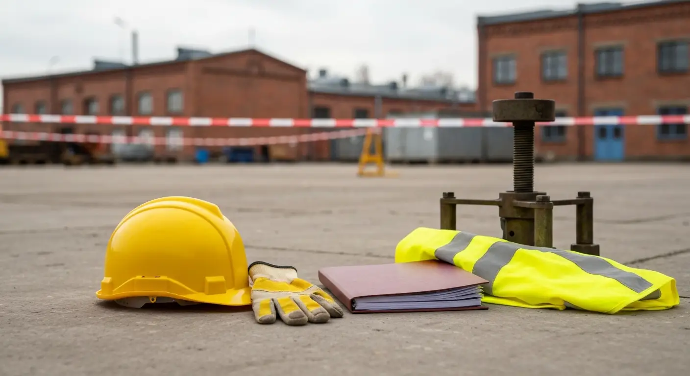 Kask, rękawice i dokumenty przy zabezpieczonym stanowisku pracy w Olsztynie