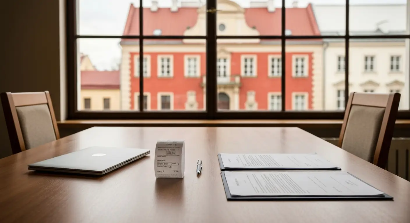 Dokumenty reklamacyjne i stół mediacyjny na tle architektury centrum Olsztyna