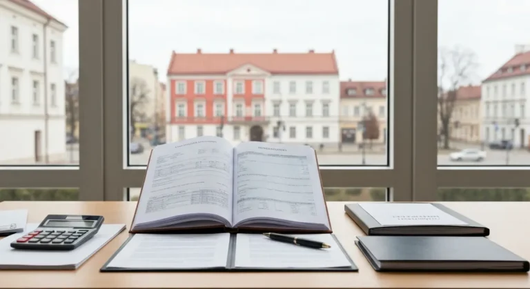 Dokumenty kredytowe, wyciągi i akta sprawy na stole z widokiem na zabudowę Olsztyna