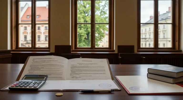 Dokumenty kredytu CHF i akta sprawy na stole w sądzie w Olsztynie