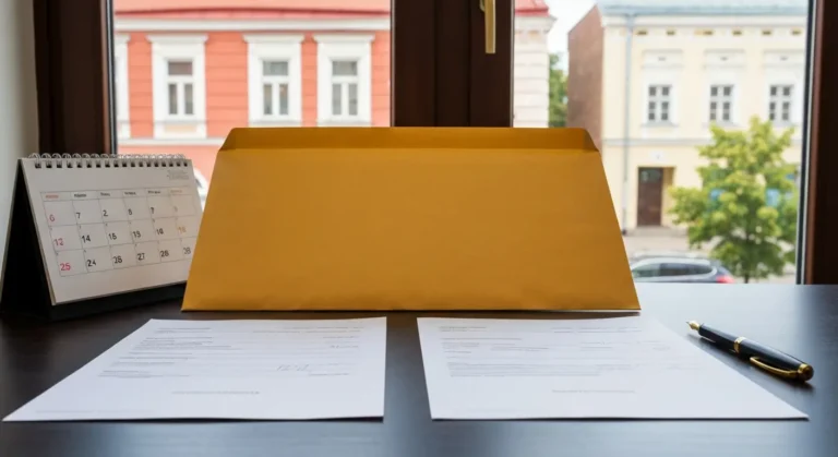 Koperta sądowa i dokumenty na biurku kancelarii z widokiem na olsztyńską zabudowę