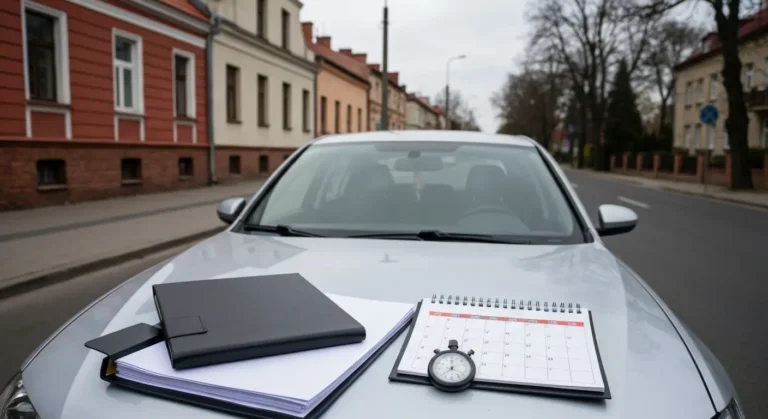 Uszkodzony samochód i dokumenty dotyczące terminów odszkodowania po wypadku w Olsztynie