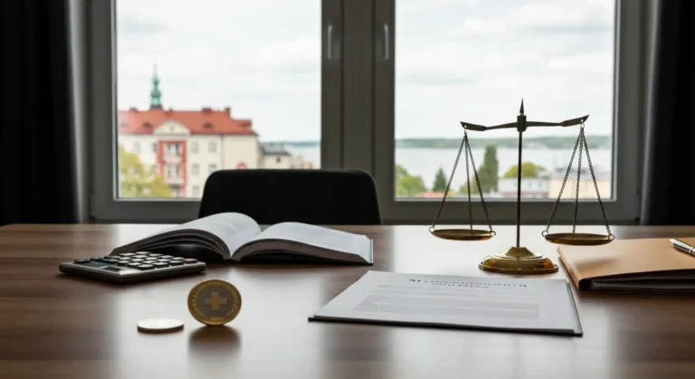 Dokumenty kredytu frankowego, kalkulator i waga sprawiedliwości w kancelarii w Olsztynie