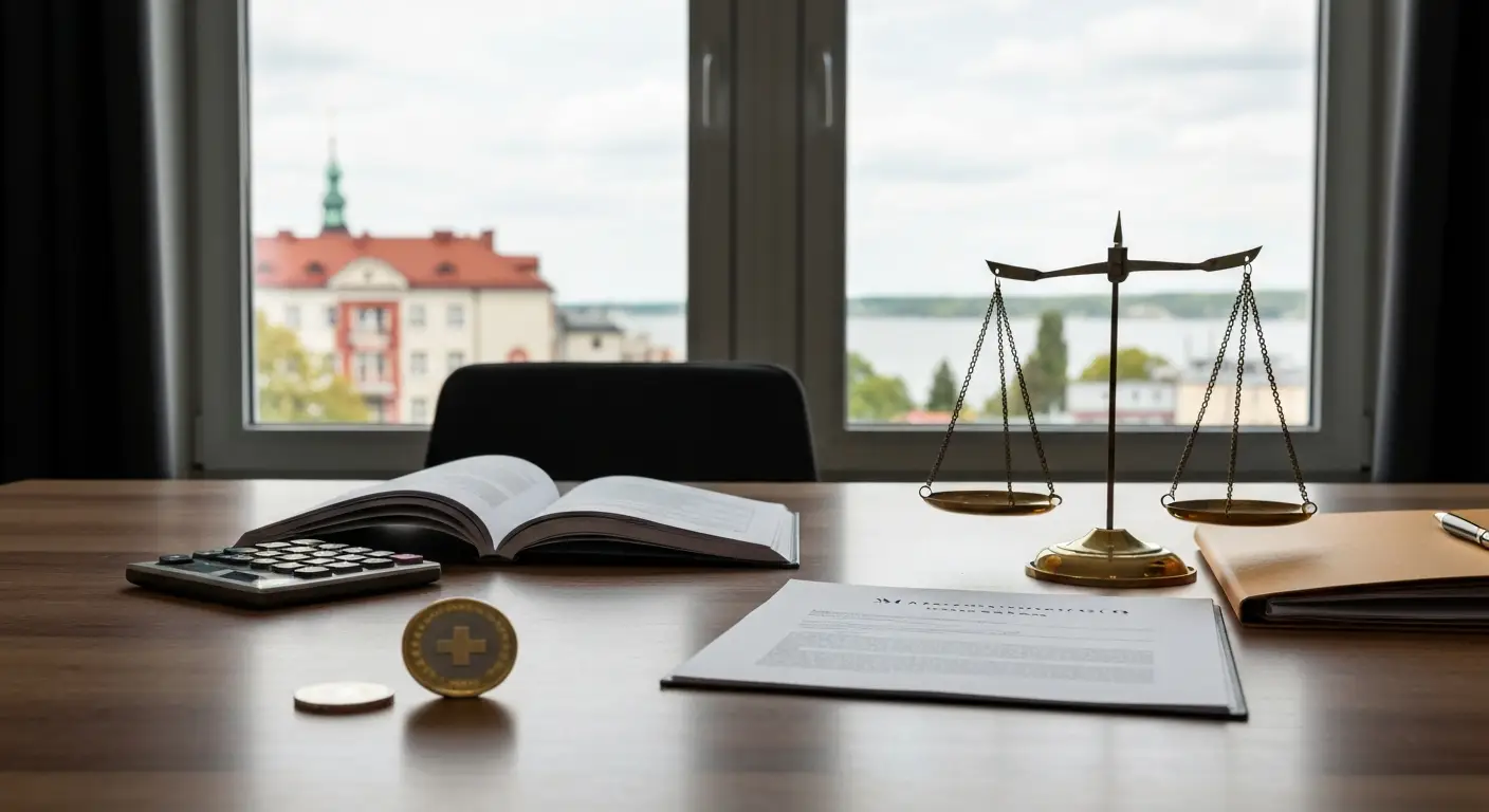 Dokumenty kredytu frankowego, kalkulator i waga sprawiedliwości w kancelarii w Olsztynie