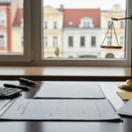 Dokumenty ugody o zapłatę, kalkulator i waga prawnicza na biurku w kancelarii w Olsztynie