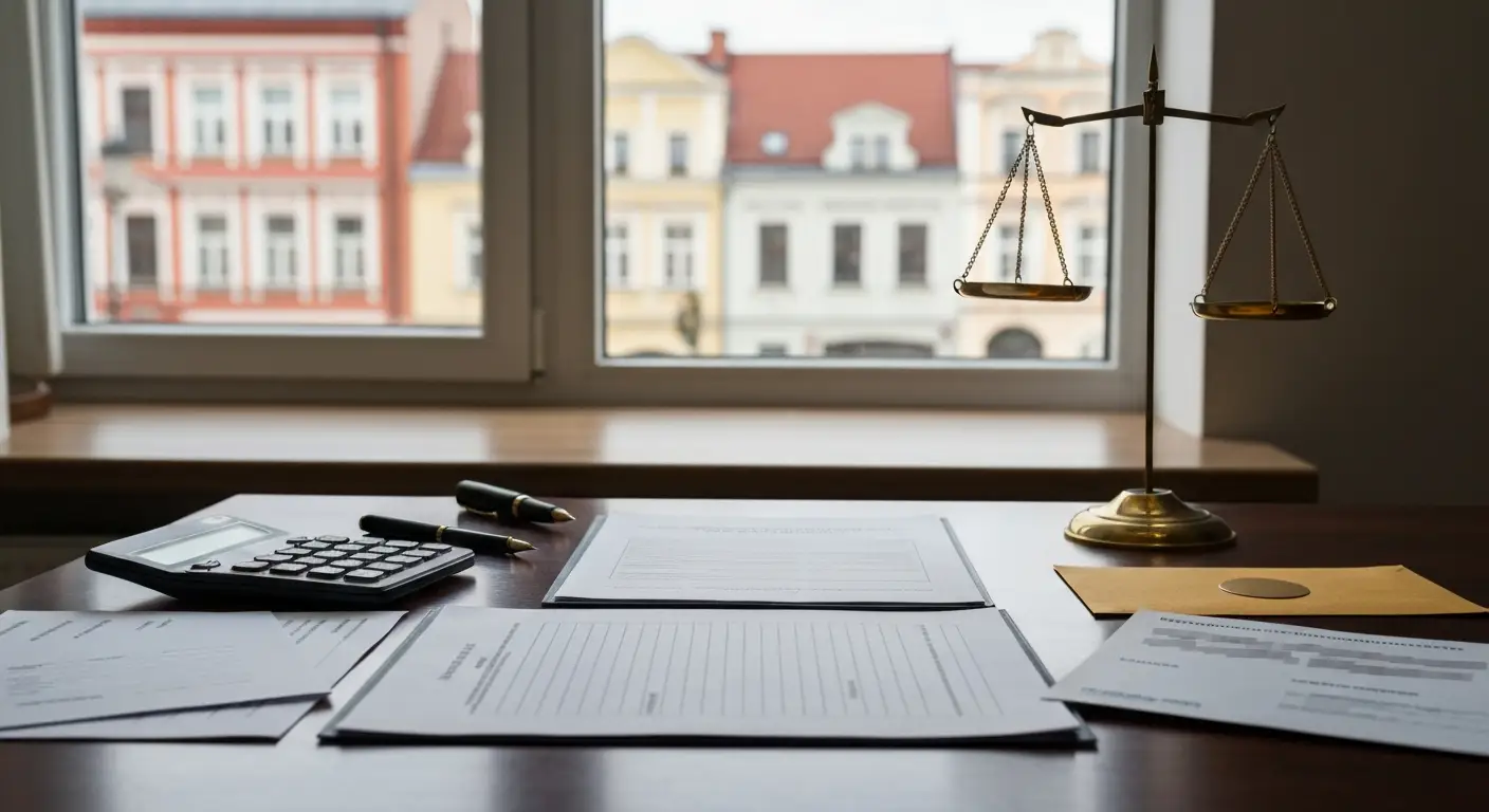Dokumenty ugody o zapłatę, kalkulator i waga prawnicza na biurku w kancelarii w Olsztynie