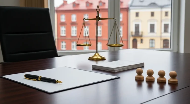 Stół w kancelarii w Olsztynie z dokumentami spółki, wagą prawniczą i żetonami głosowania