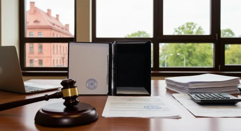 Akta sprawy o upadłość konsumencką na biurku w sądzie w Olsztynie
