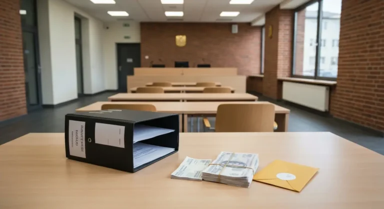 Puste wnętrze sądu w Olsztynie z aktami sprawy i rachunkami dotyczącymi upadłości konsumenckiej