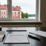 Dokumenty ugody, potwierdzenie częściowej wpłaty i zegar na biurku kancelarii w Olsztynie