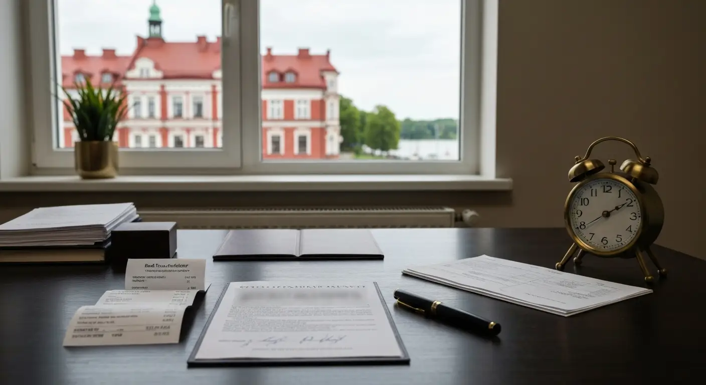 Dokumenty ugody, potwierdzenie częściowej wpłaty i zegar na biurku kancelarii w Olsztynie