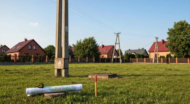 Słup energetyczny i mapa działki przy zabudowie mieszkaniowej w Olsztynie