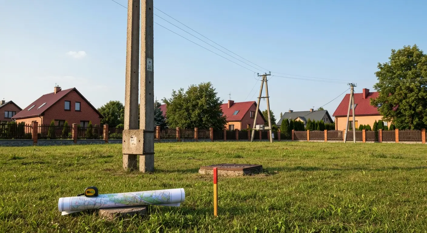 Słup energetyczny i mapa działki przy zabudowie mieszkaniowej w Olsztynie