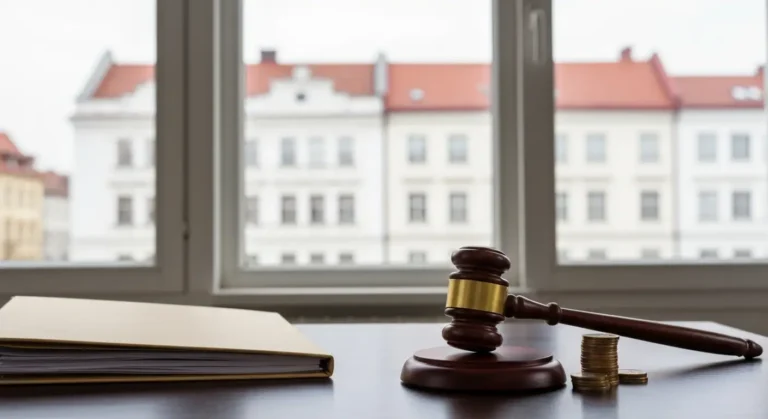 Dokumenty kredytu CHF, młotek sędziowski i monety na stole w kancelarii w Olsztynie
