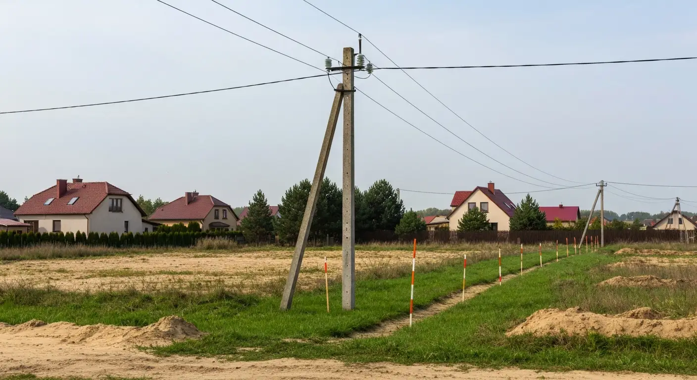 Słup energetyczny i linia nad działką budowlaną na obrzeżach Olsztyna