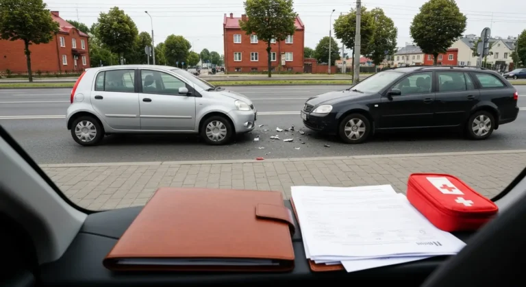 Skutki kolizji samochodowej w drodze do pracy na ulicy w Olsztynie