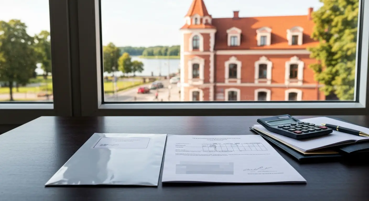 Dokumenty kredytowe i koperta na biurku, w tle architektura Olsztyna