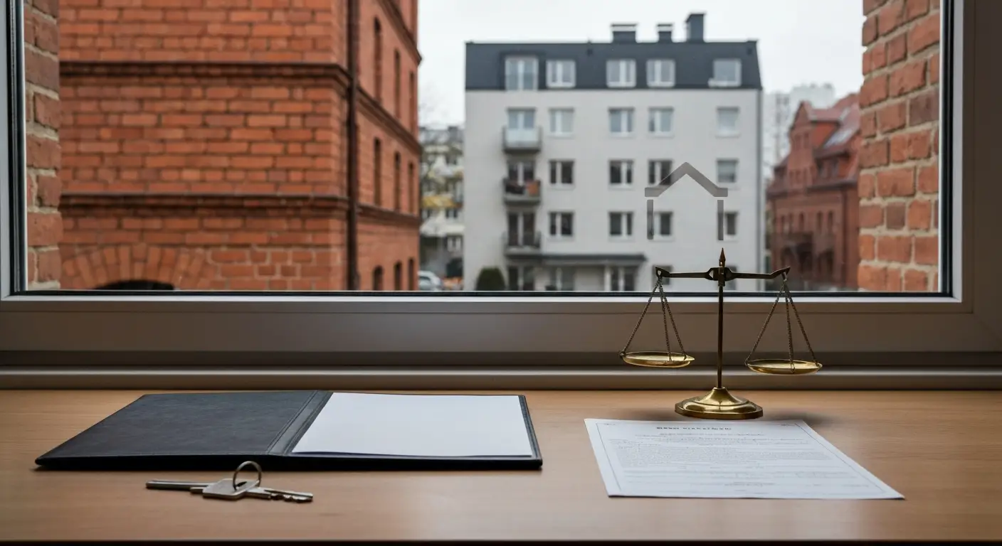 Dokumenty kredytowe, klucz i waga na biurku w olsztyńskiej kamienicy
