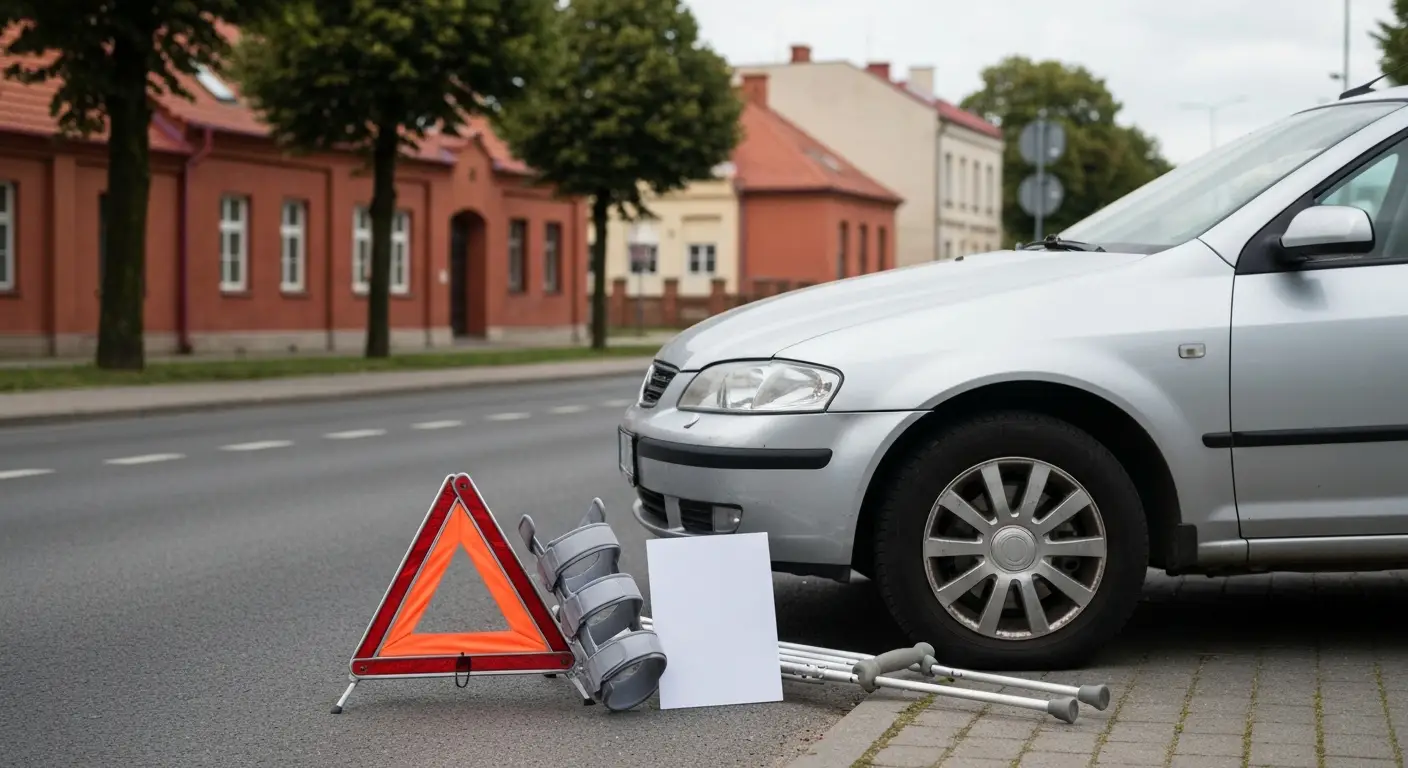 Uszkodzony samochód i sprzęt rehabilitacyjny przy ulicy w Olsztynie