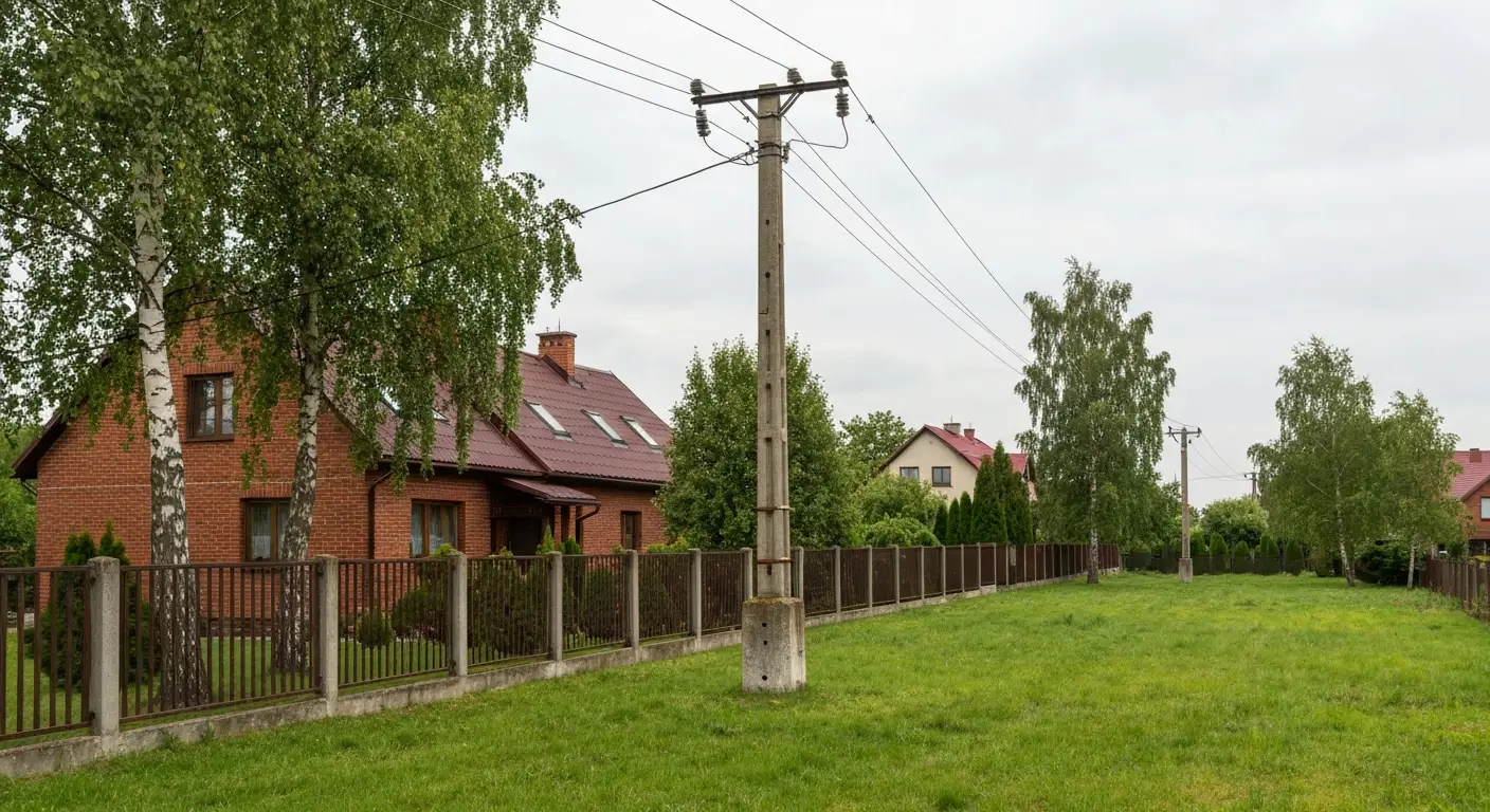 Stary słup energetyczny przy prywatnej działce na obrzeżach Olsztyna