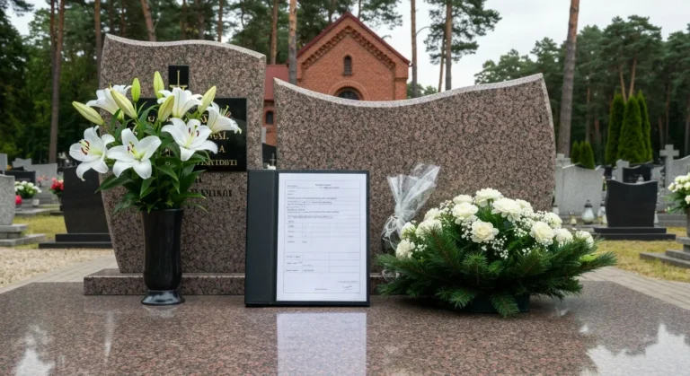 Nagrobek z kwiatami na cmentarzu w Olsztynie i teczka dokumentów pogrzebowych