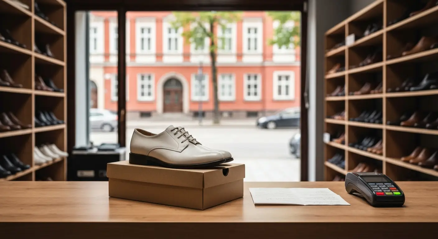 Nowe buty i pudełko na ladzie sklepu stacjonarnego w Olsztynie